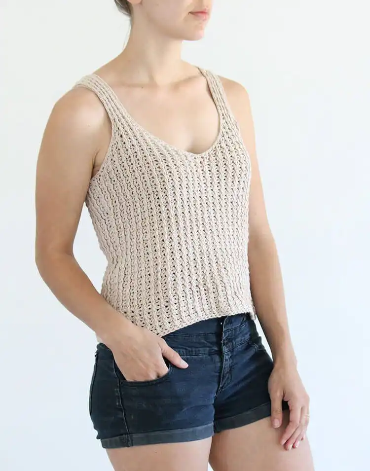 The Daydreamer Tank, showing its beautiful texture, V-neck front, and fully covered back.