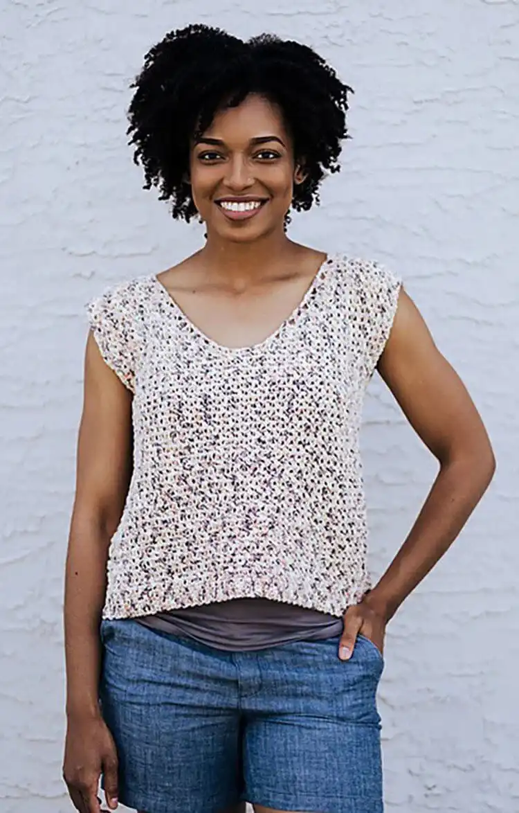 The Summertime Tank, a beginner-friendly sleeveless top in a bright summer color.