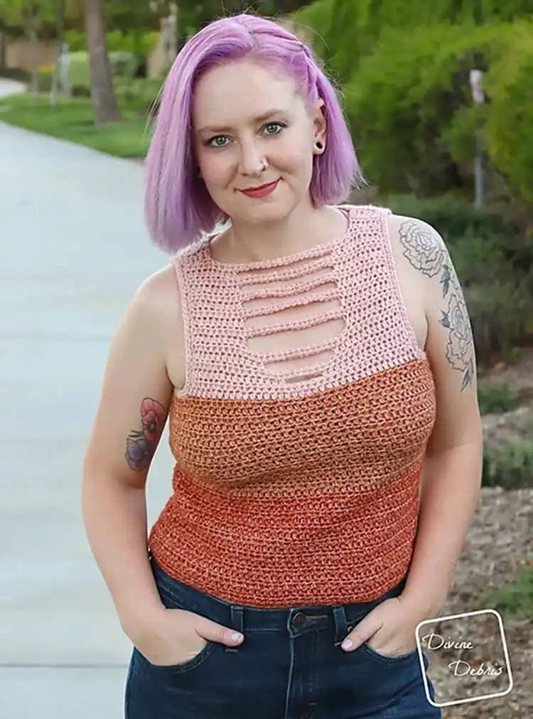 The Alix Tank Top, showcasing its blend of simple texture and custom fit, in a neutral yarn color.