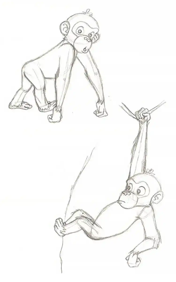 Expressive pencil sketch of a chimpanzee, capturing its essence with dynamic lines and minimal detail