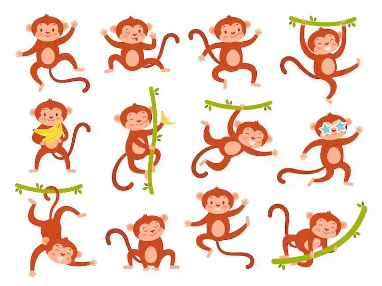 Illustration depicting twelve playful monkeys in various dynamic poses and actions, ideal for composition practice