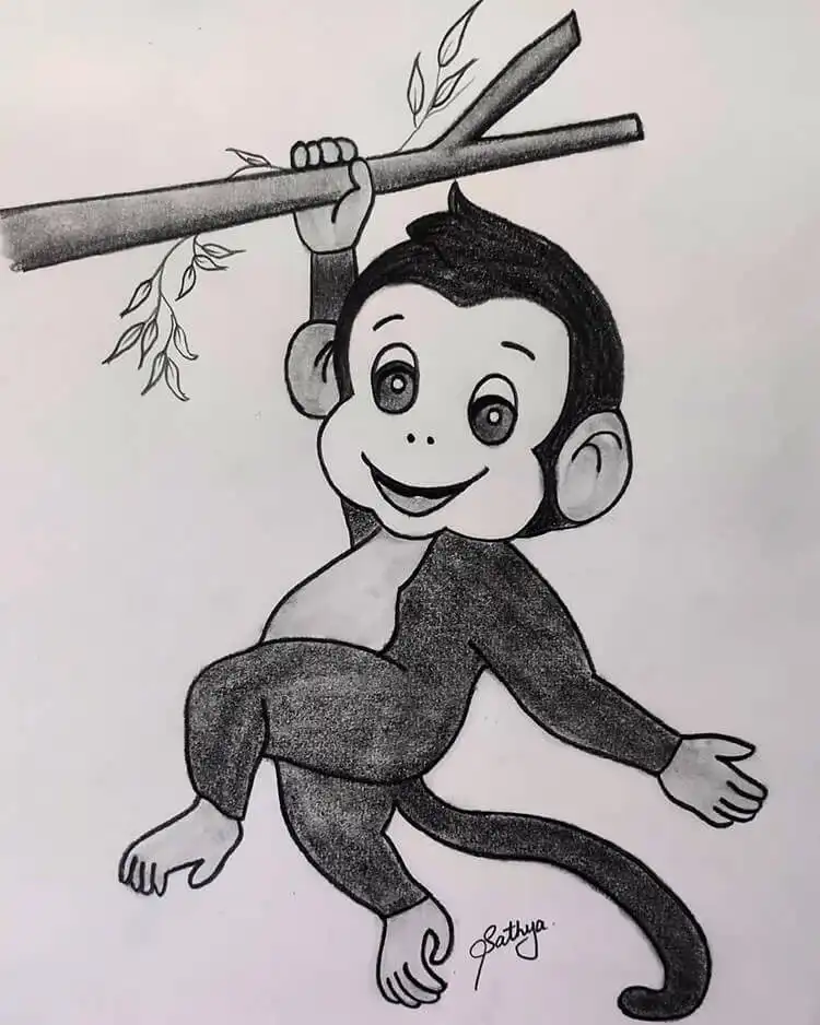 Simple and cute pencil drawing of a monkey, ideal for beginners to practice basic shapes and lines