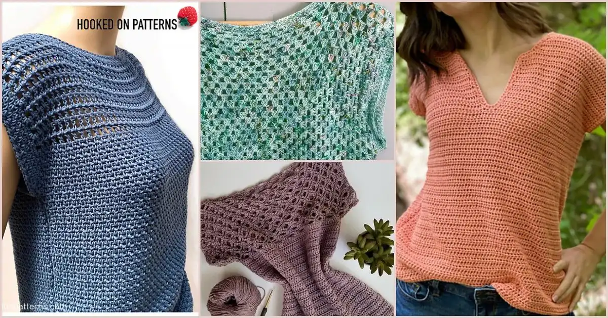 Collection of various crochet summer tee top designs showcasing 13+ Best Crochet Summer Tee Top Free Patterns in different colors and styles.