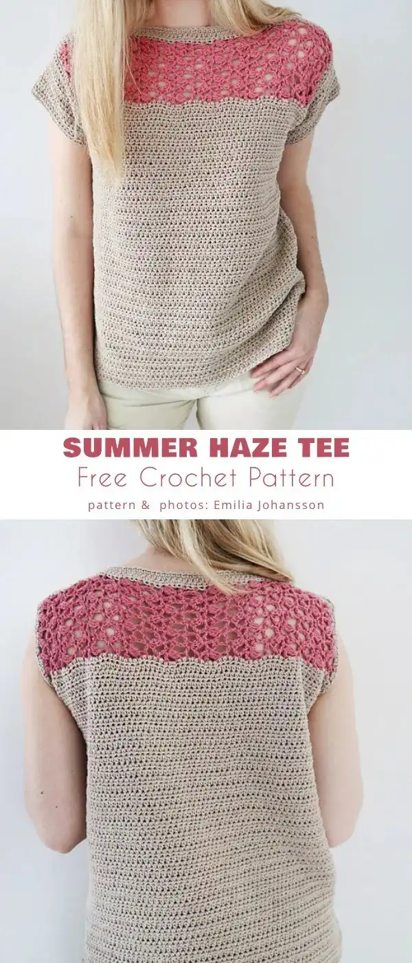 Woman wearing a light blue crochet Summer Haze Tee with a casual, relaxed fit, showcasing its customizable design.
