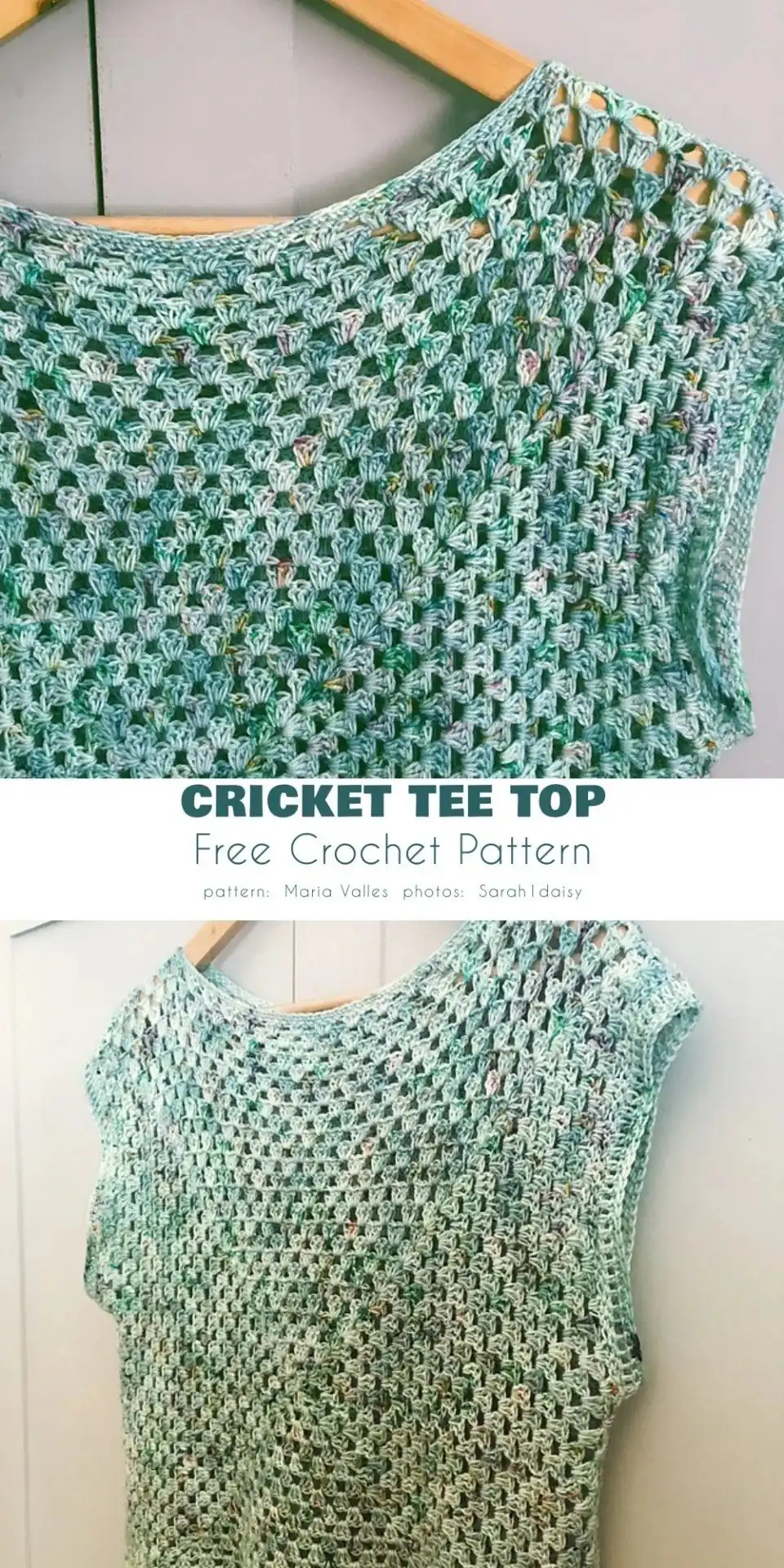 Cricket Tee, an Amma granny square top made from colorful granny squares, showcasing its modular construction.