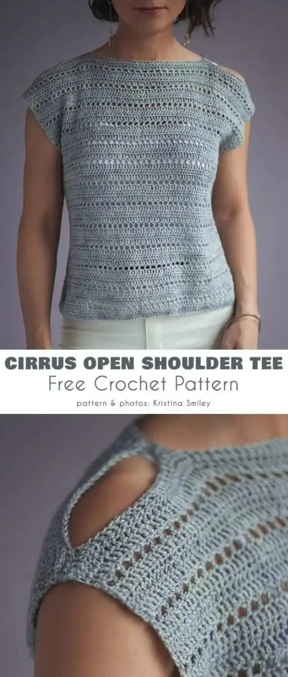 Model wearing the Cirrus Open Shoulder Tee, an elegant design with open shoulders and simple eyelet rows.