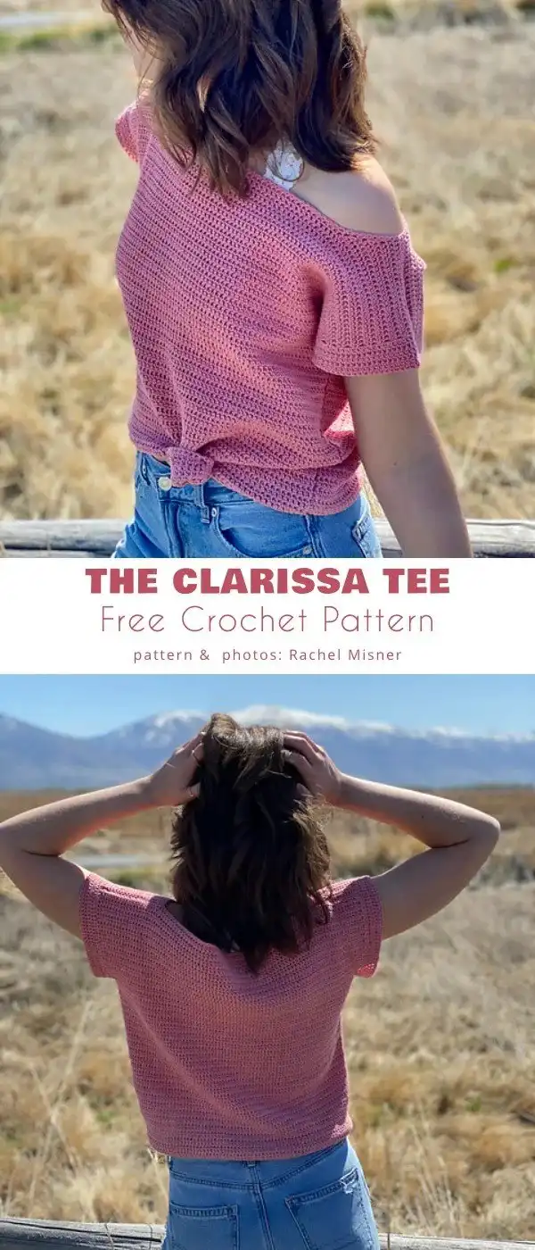 Model wearing The Clarissa Tee, a stylish and comfortable crochet top paired with jeans for a casual look.
