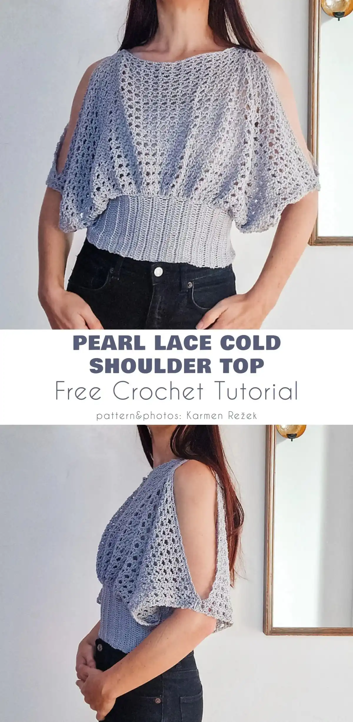 Woman wearing a light grey crochet Pearl Lace Cold Shoulder Top with intricate lace details and a flattering ribbed waist.