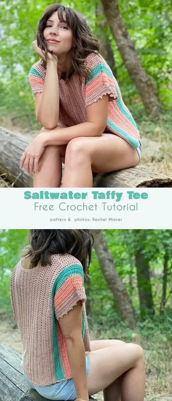 Pale pink Saltwater Taffy Tee, a comfy and ultra-casual crochet top perfect for home or beach wear.