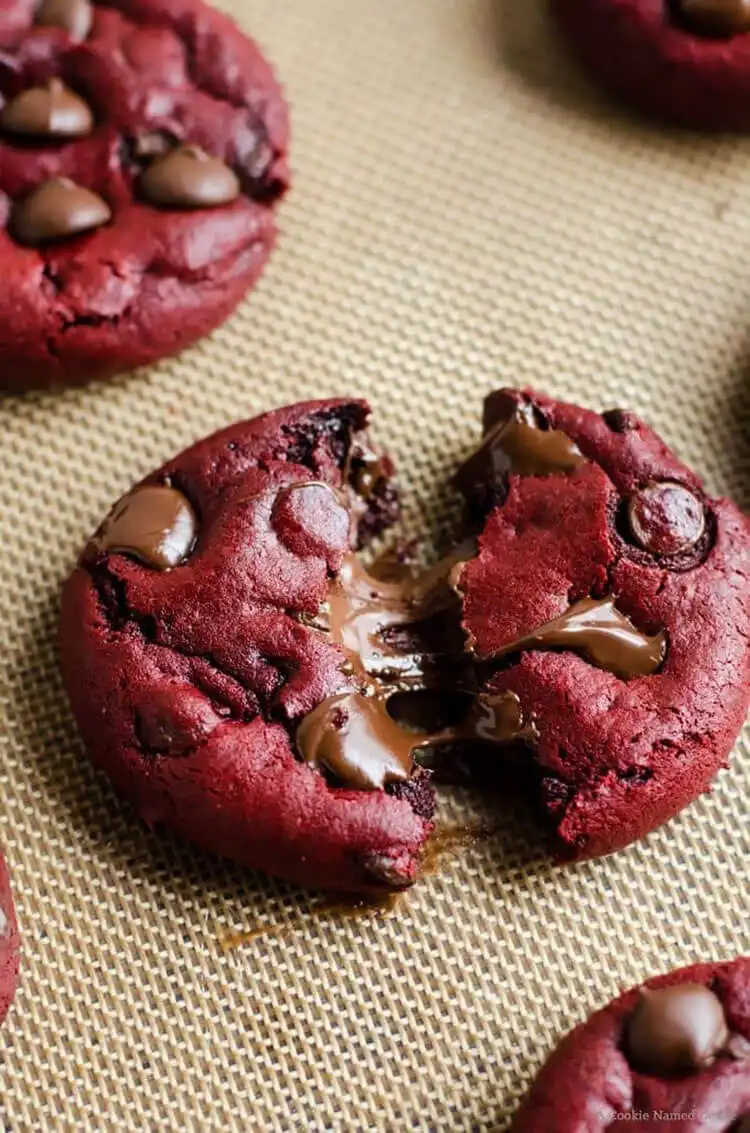 Red Velvet Nutella Stuffed Cookie, a rich red cookie with a hazelnut spread filling