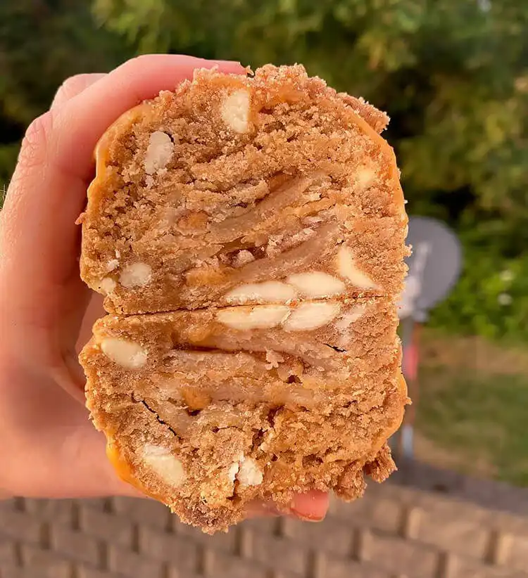 Caramel Apple Pie Stuffed Cookie, with apple pie filling and white chocolate chips