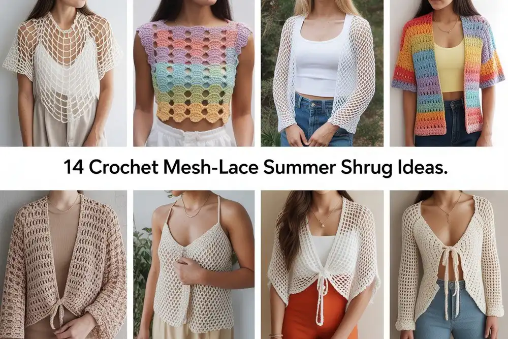14 Crochet Mesh-Lace Summer Shrug Ideas 1 A collection of 14 crochet mesh-lace summer shrug ideas in various styles and colors, perfect for lightweight layering.