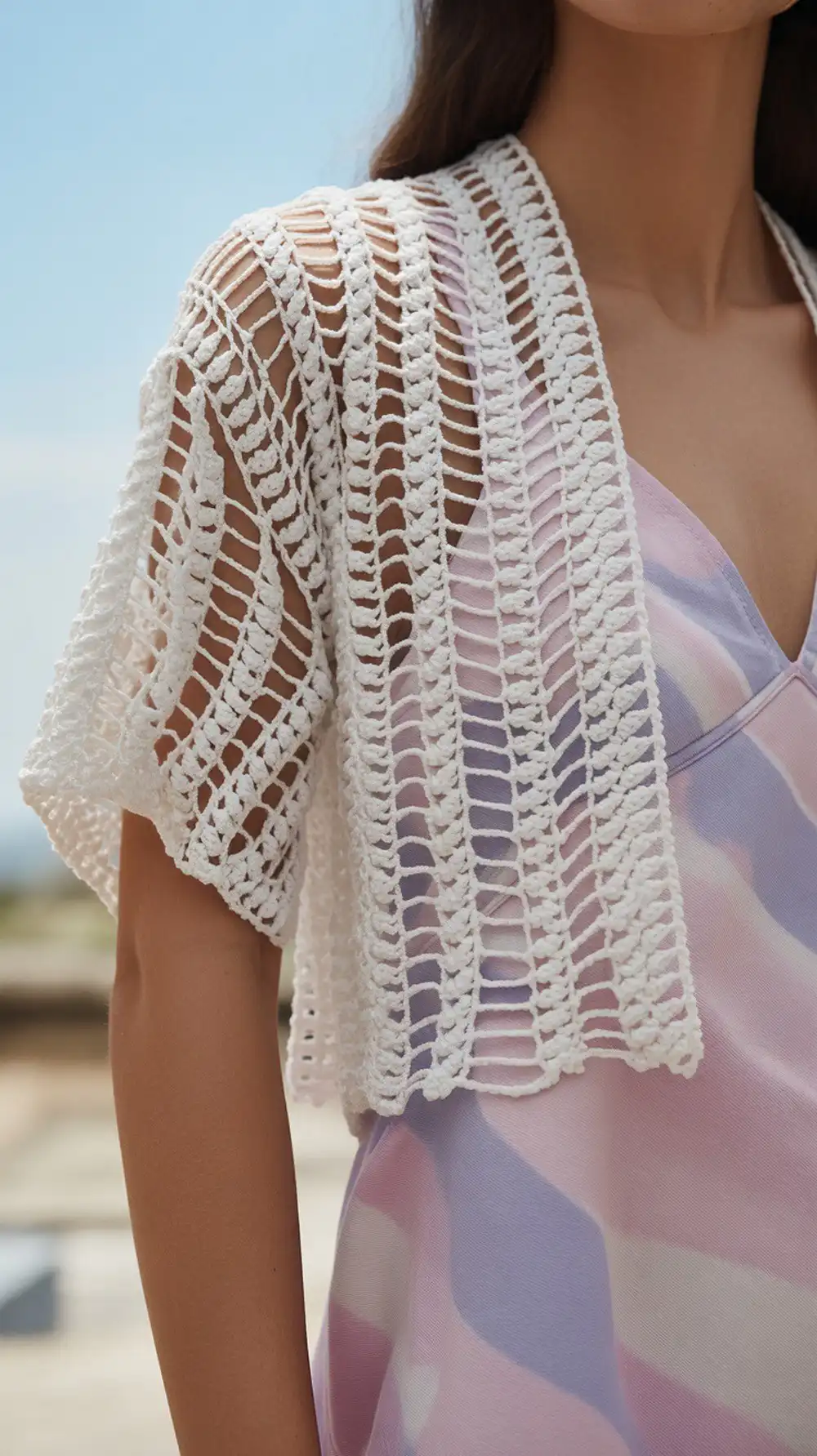 14 Crochet Mesh-Lace Summer Shrug Ideas 13 Quick Lace Bolero, a short and chic crochet cover-up for dresses or tanks, crafted from a simple rectangle.