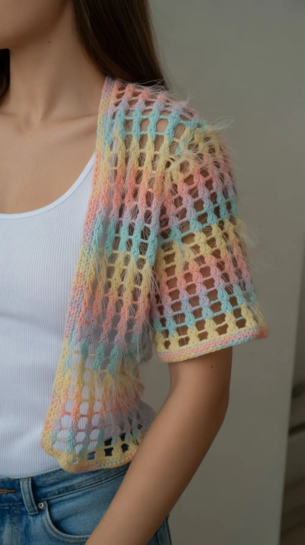 14 Crochet Mesh-Lace Summer Shrug Ideas 6 Coconut Cakes Mesh Sleeves Shrug combining airy dc mesh with fuzzy cake yarn in soft rainbow fades.