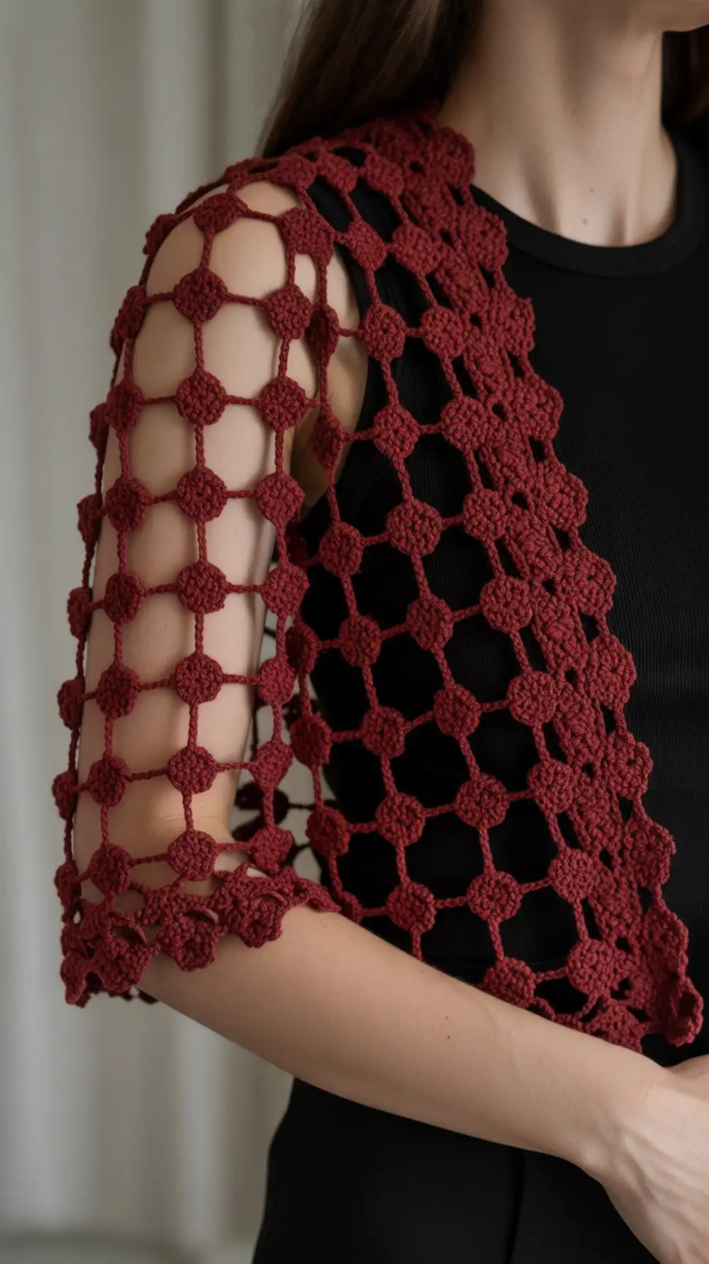 14 Crochet Mesh-Lace Summer Shrug Ideas 8 Scarlett Shrug featuring a dc-cluster lace in a rich cayenne red, offering elegant breathable fabric.