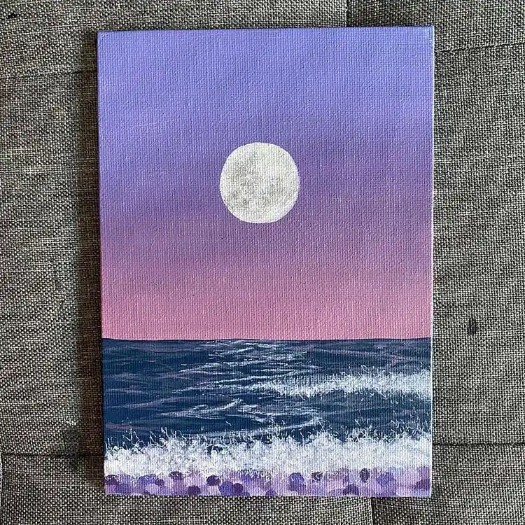 Easy acrylic sunset with moon painting on canvas for beginners, showcasing blended colors.