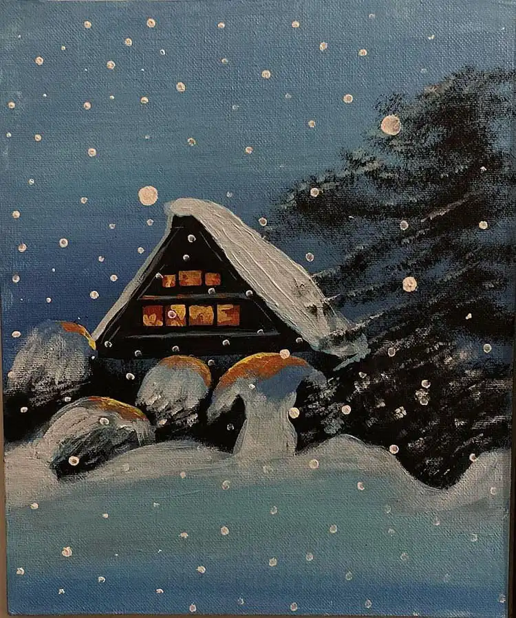 Snowy Cabin Canvas Painting for winter scenes, showing glowing windows.