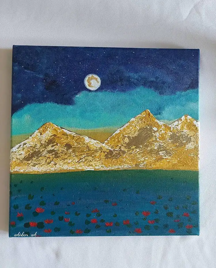 Beginner mountain landscape painting on canvas, focusing on natural beauty.