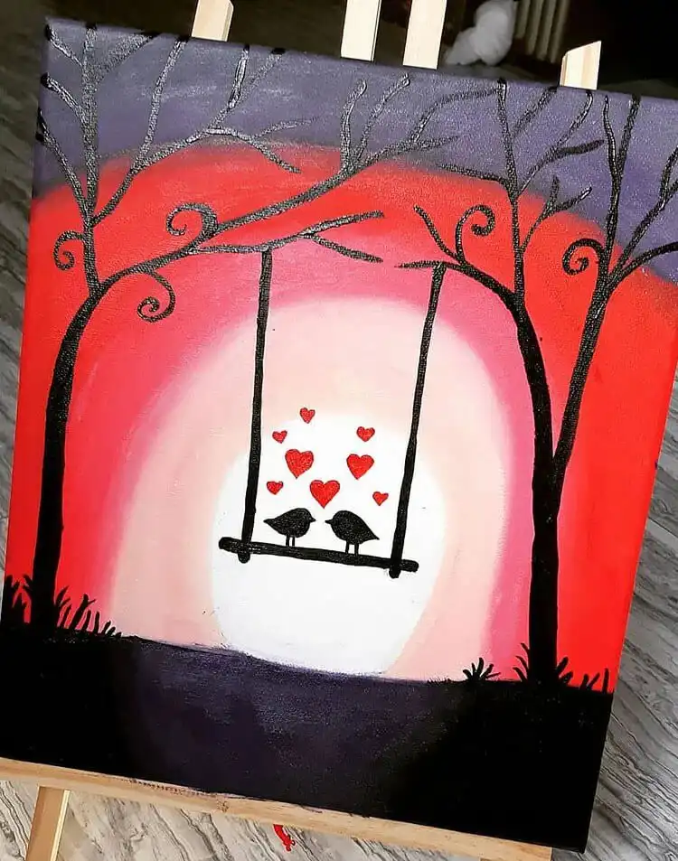 Love Birds painting on canvas for beginners, featuring stylized birds.