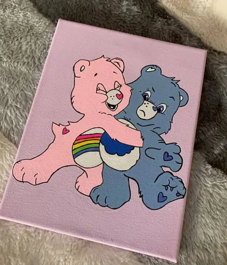 Care Bear acrylic painting on canvas for beginners, featuring bright cartoon colors.