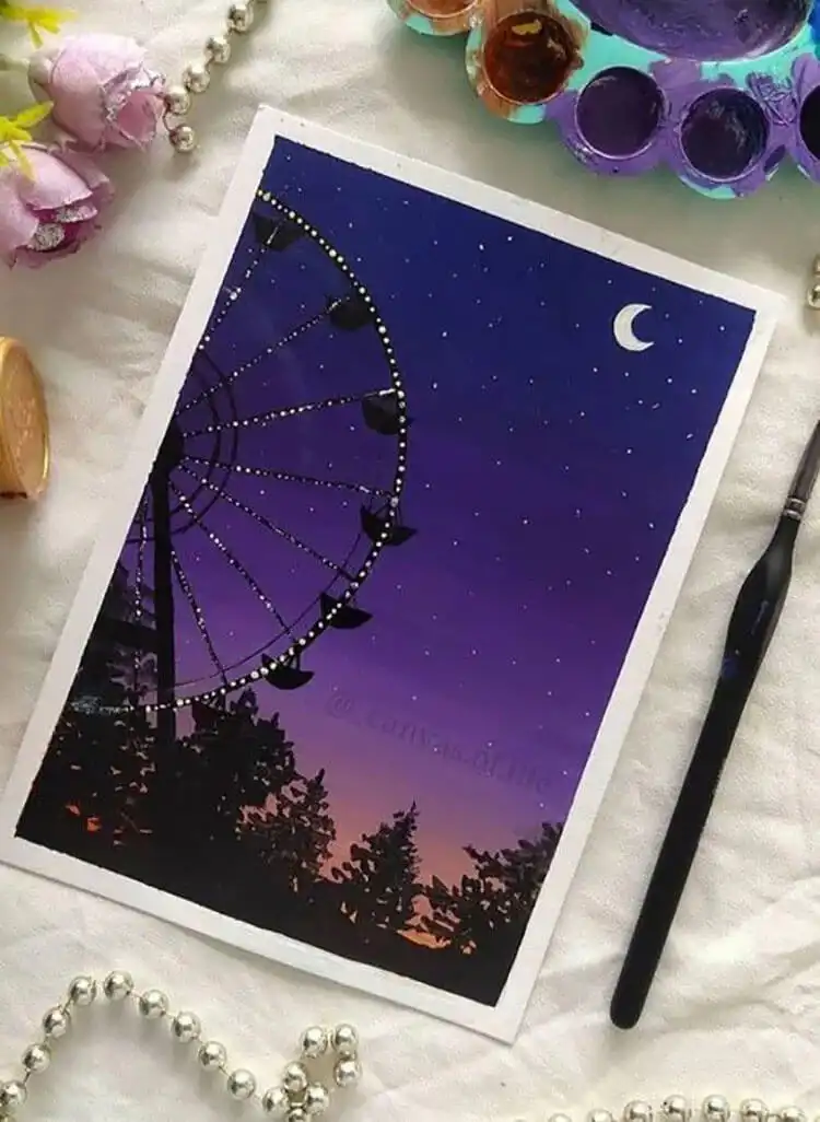 Ferris Wheel at Night acrylic painting on canvas, showing glowing lights.