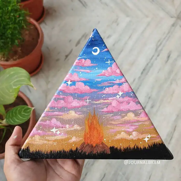 Campfire at Night painting on a unique triangle canvas.