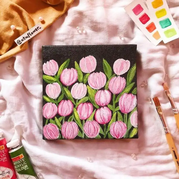 Simple floral acrylic painting on canvas for beginners, featuring colorful blooms.