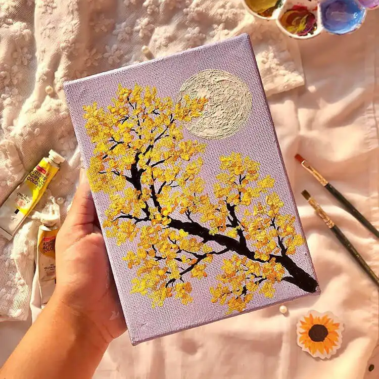 Yellow Sakura Painting with moon on canvas, showcasing delicate blossoms.