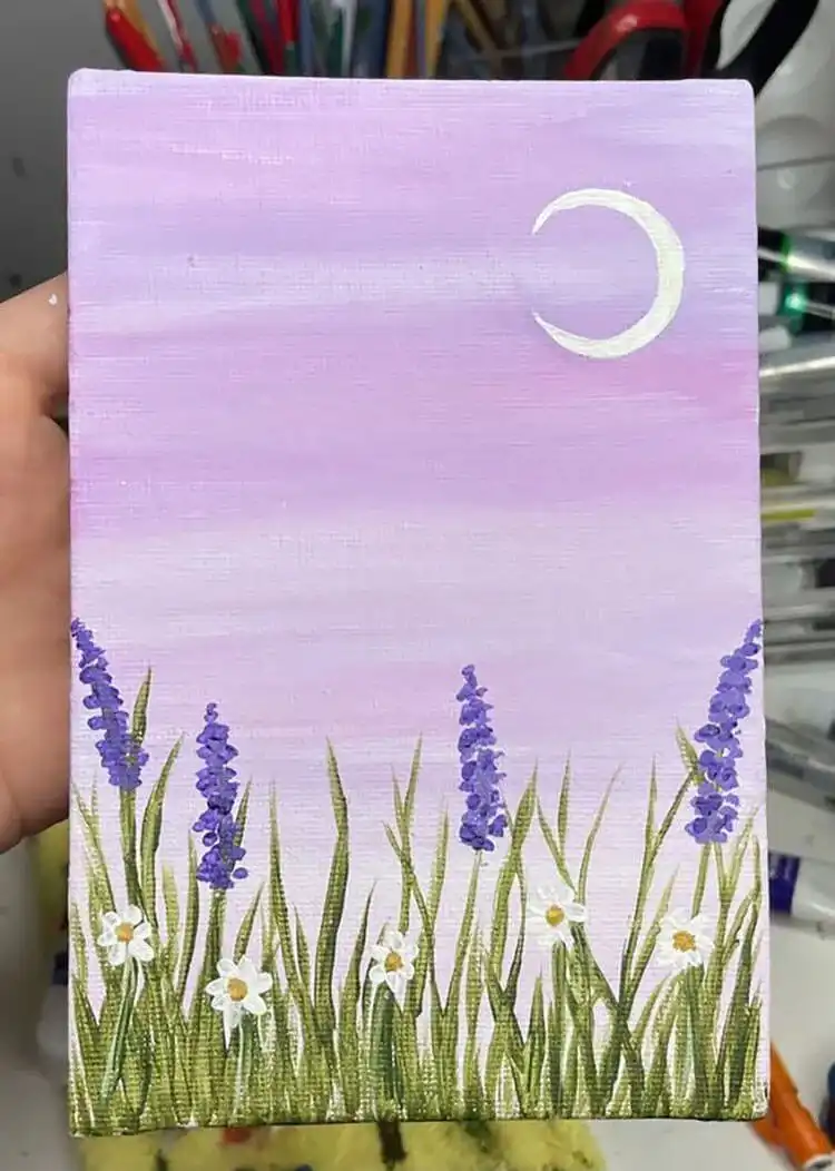 Lavender Field Painting on Canvas for beginners, depicting rolling purple fields.