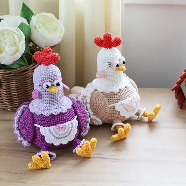 Fiona the Hen, a characterful crochet chicken with unique details like an apron and bold colors.