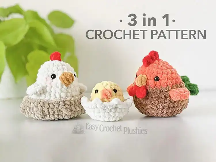 A complete 3-in-1 Hen and Chick crochet set, featuring a mini rooster, hen, chick, nest, and egg.