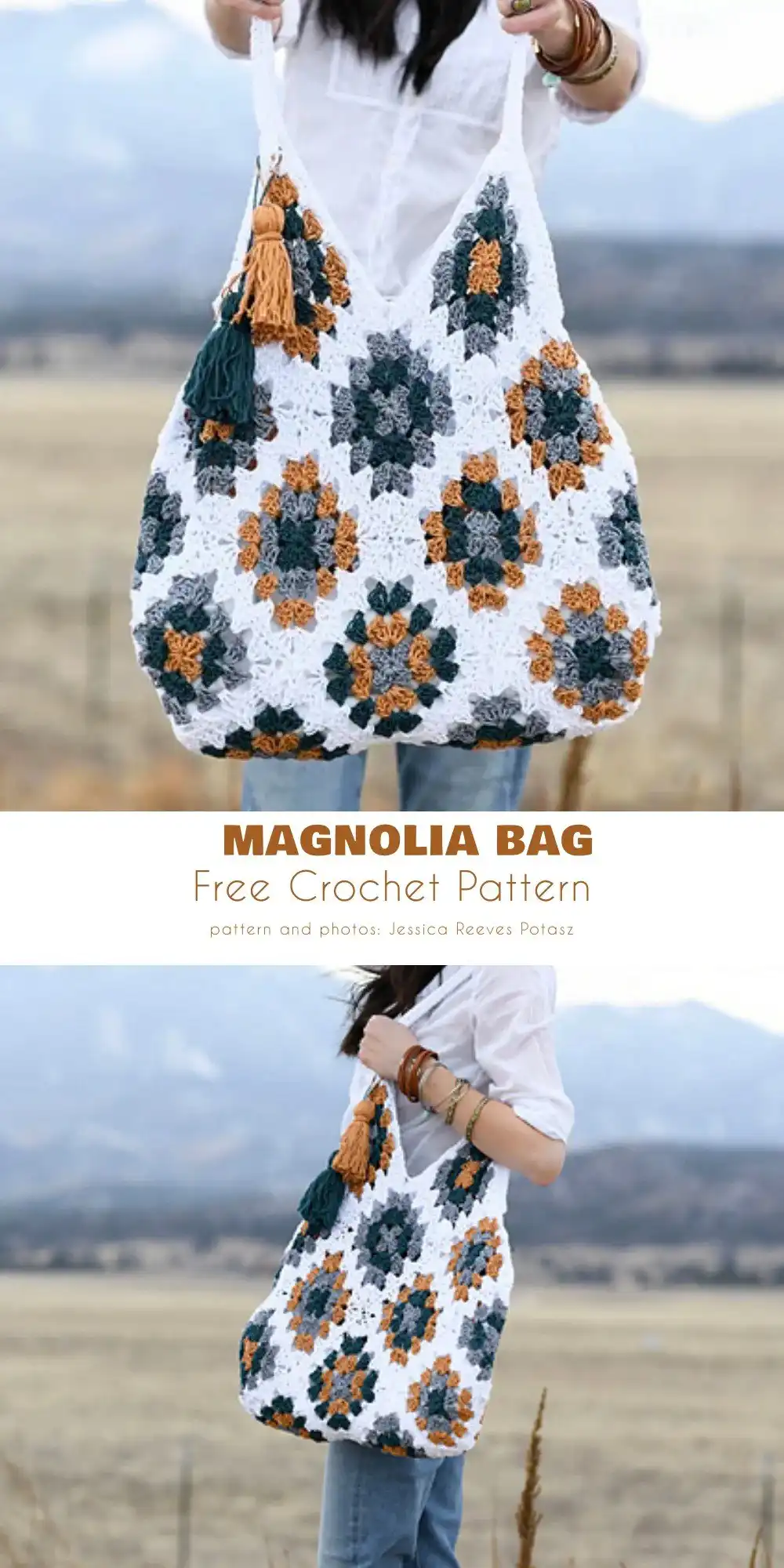 Bohemian Fringe Crossbody Bag crocheted in earthy tones with an adjustable strap.