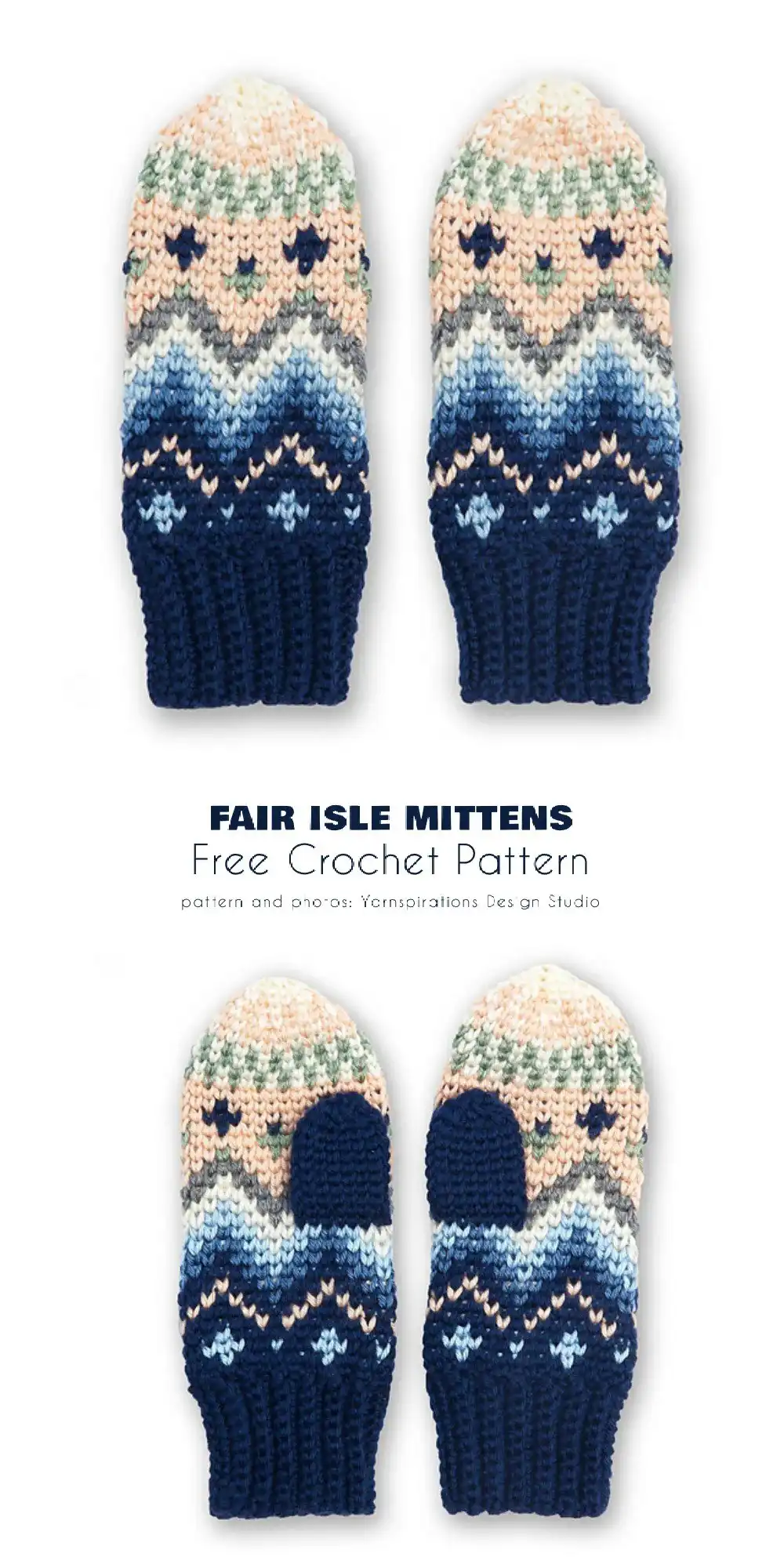 Pair of beautifully crocheted Fair Isle mittens with intricate colorwork patterns