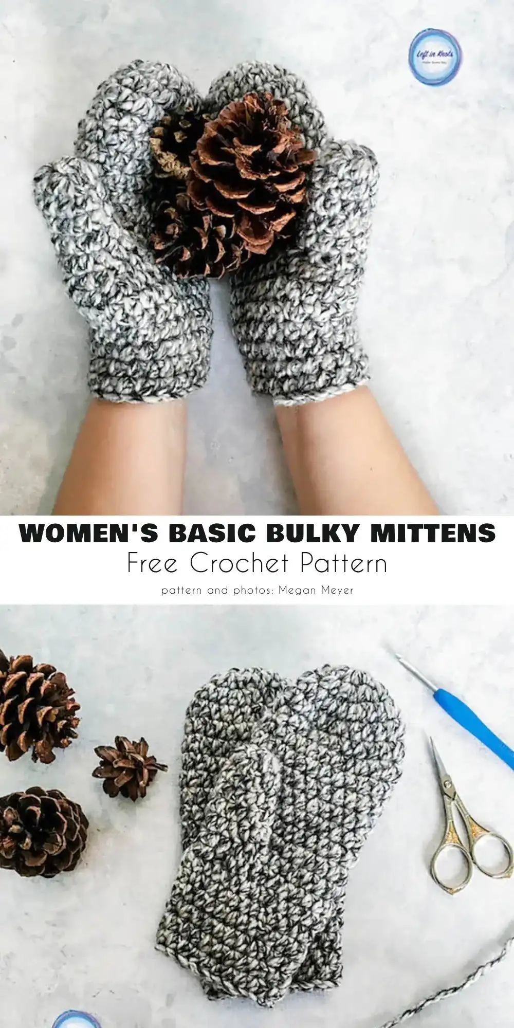Pair of women's basic bulky crochet mittens, soft and quick to make