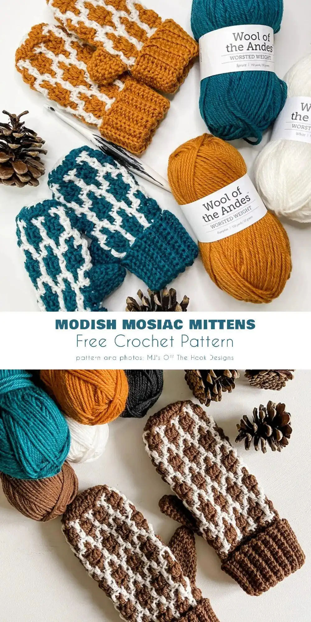 Modish Mosaic Mittens with intricate two-color geometric patterns created using mosaic crochet