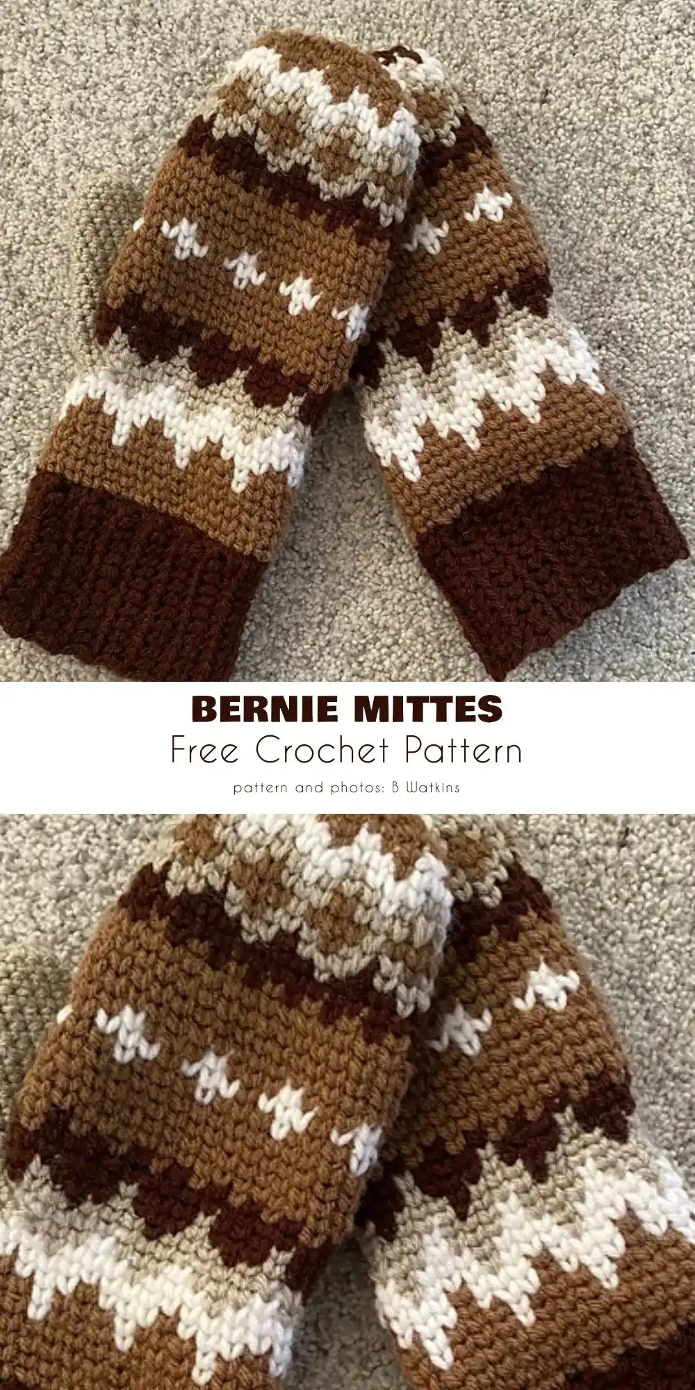 A pair of Bernie's Mittens recreated with the iconic brown and white patterned design