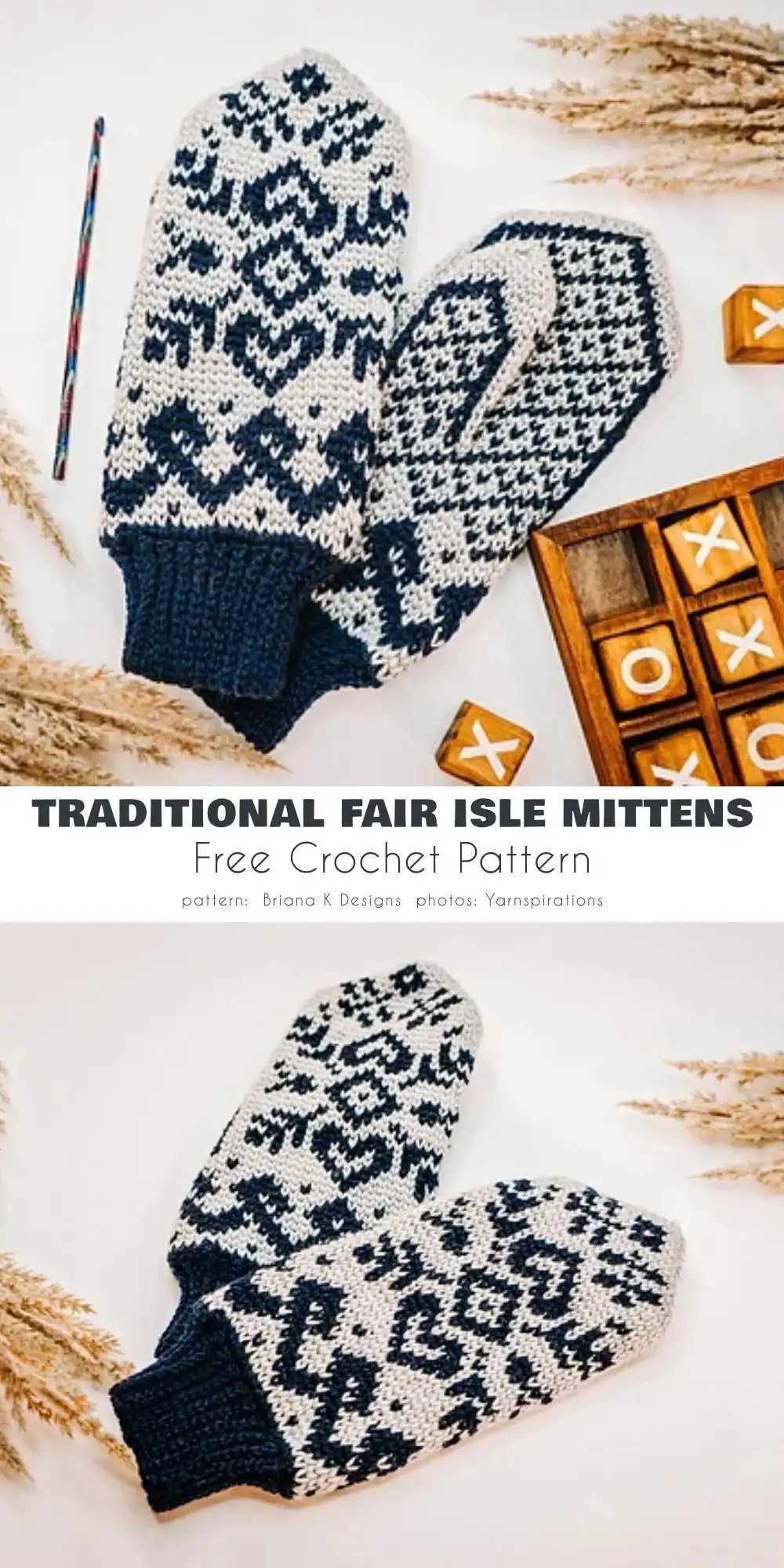 Traditional Fair Isle crochet mittens with a thumb hole and complex geometric patterns