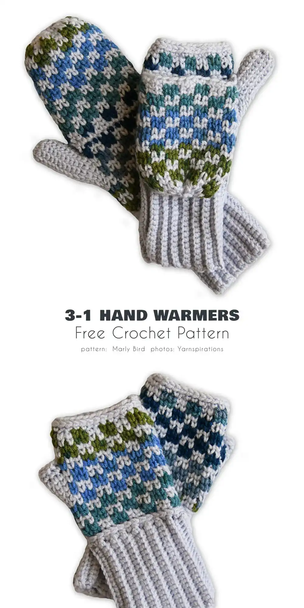 Display of 3-in-1 hand warmers showing their versatility as mittens, fingerless gloves, and wrist warmers