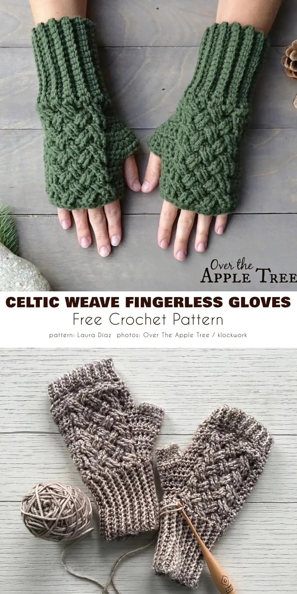 Elegant Celtic Weave fingerless gloves showcasing rich, braided texture in a solid color yarn