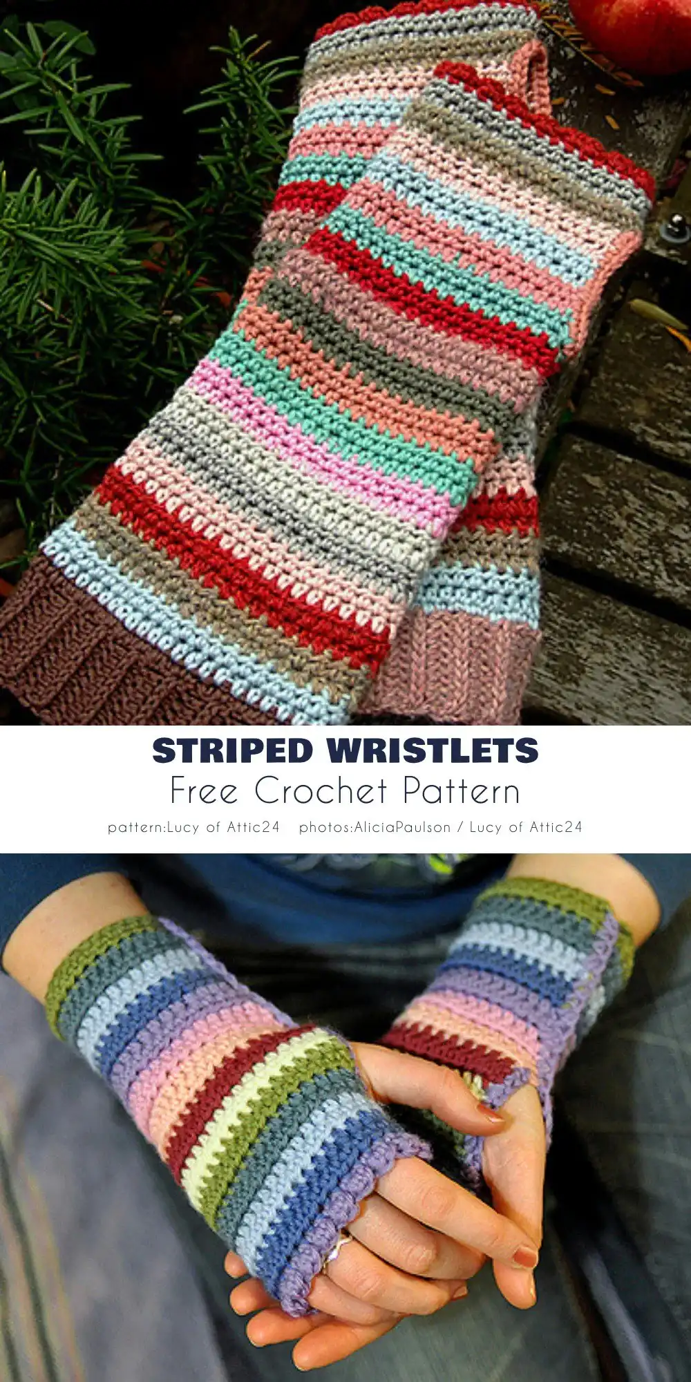 Colorful striped wristlets displaying vibrant yarn combinations and simple crochet stitches