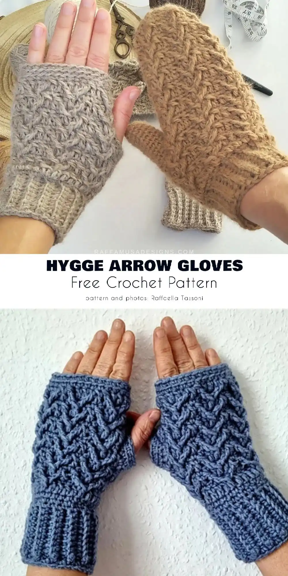 Stylish Hygge Arrow Gloves with a subtle arrow motif and dense crochet texture