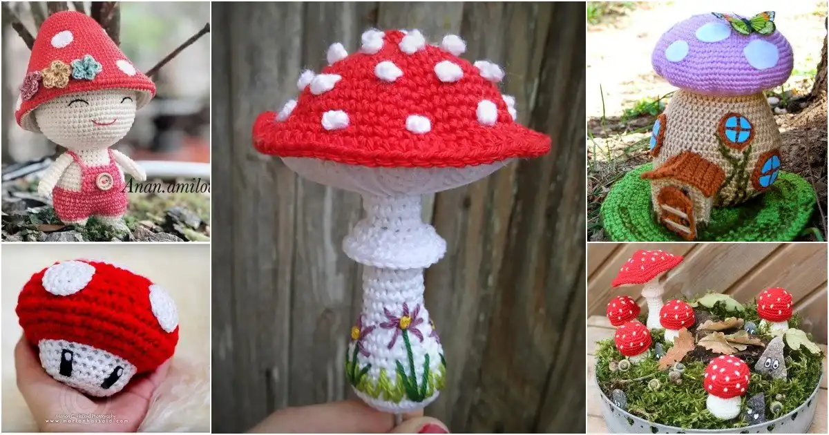 A whimsical collection of crocheted mushrooms and a fairy house, showcasing 15+ Ideas of Crochet Mushrooms and Fairy House Free Patterns in various colors and styles.