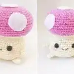 A crocheted red Super Mario Mushroom with white spots, alongside a green and yellow variant, evoking classic video game nostalgia.
