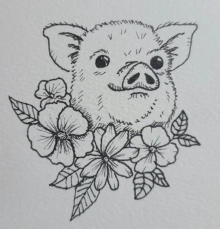 Quick sketch of a pig adorned with flowers, combining animal and botanical elements.
