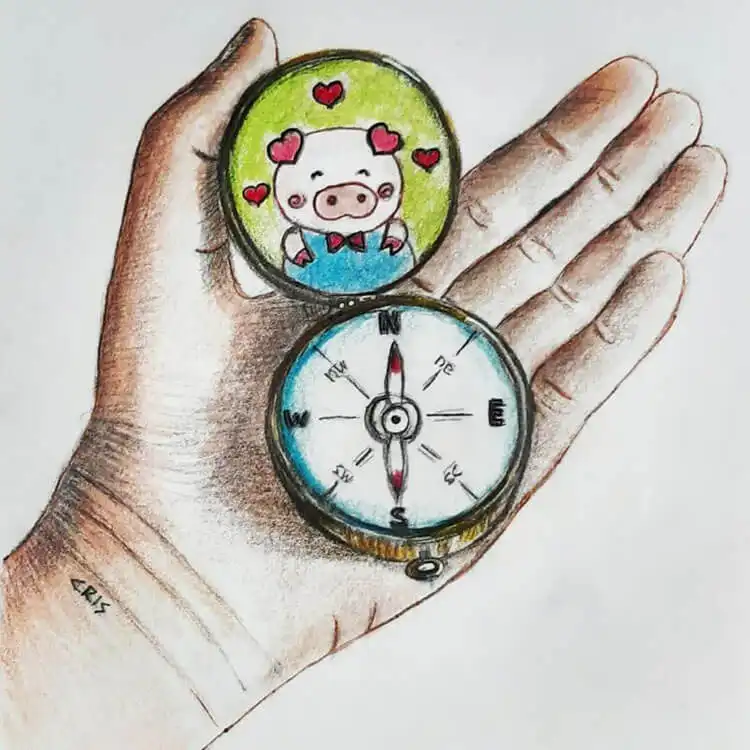 Creative drawing of a pig integrated within a compass design with hearts, blending geometry and art.