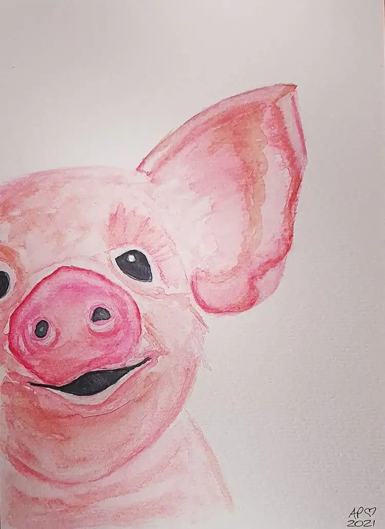 Simple yet beautiful watercolor painting of a pink pig, demonstrating wash techniques.