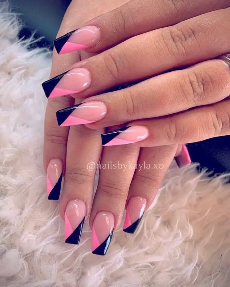 Modern black and pink triangle French tip nails, a design from 16 Extraordinary Pink And Black Nail Design Ideas - French Tip Square Acrylic Nails