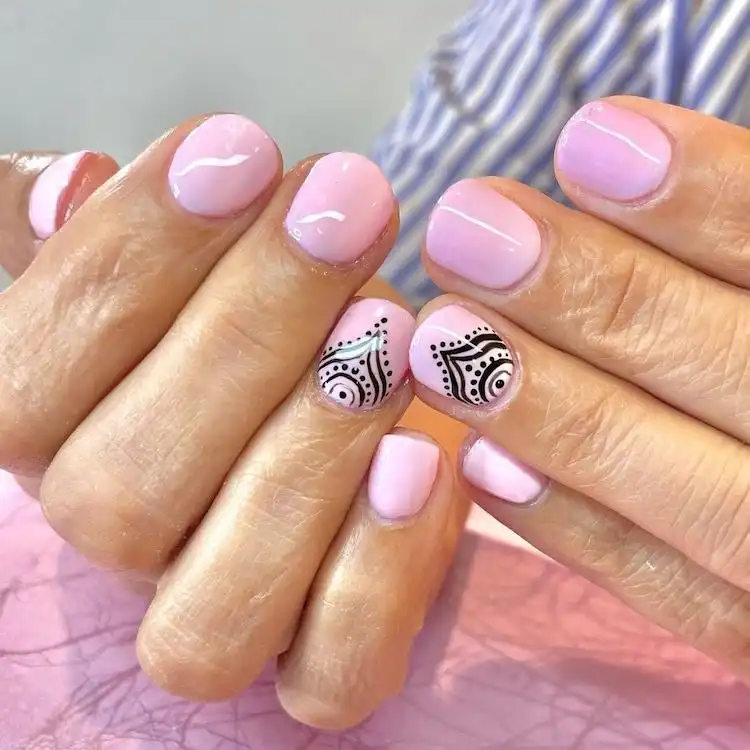 Uplifting 'Positive Vibes' pink and black nails with cheerful designs, featured in 16 Extraordinary Pink And Black Nail Design Ideas - French Tip Square Acrylic Nails