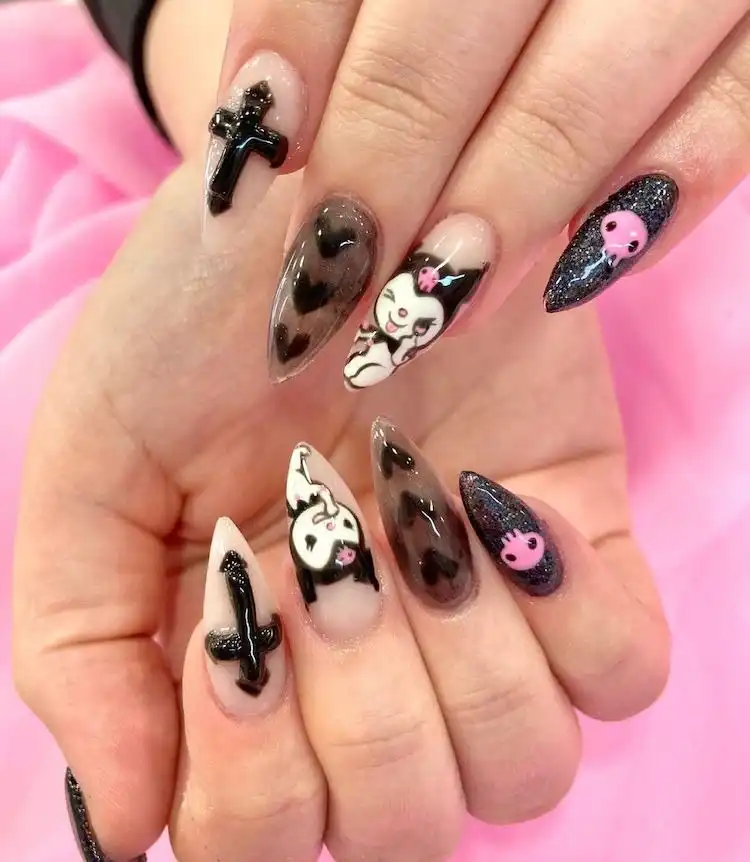 Charming spooky fun nails in pink and black with cute characters and glitter, part of 16 Extraordinary Pink And Black Nail Design Ideas - French Tip Square Acrylic Nails
