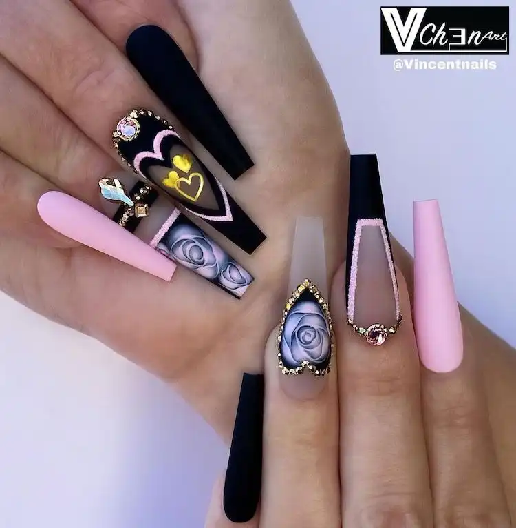 Elegant and fun pink and black nail design adorned with rhinestones, from 16 Extraordinary Pink And Black Nail Design Ideas - French Tip Square Acrylic Nails
